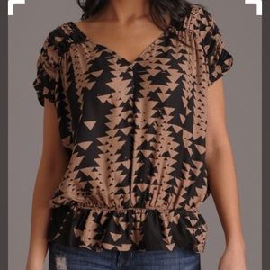 Anthropologie black & brown geometric silk top XS